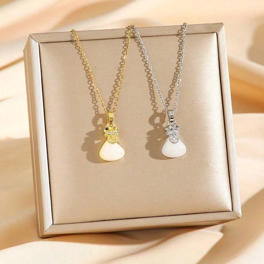 Best-Selling Copper Coin White Jade Fortune Bag Titanium Steel Collar Chain, Colorfast, High-End Female Necklace, Simple And Fashionable Versatile Accessory - Multicolor - View 1