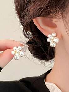 Andkiss 10pcs/Set Minimalist Elegant Resin Geometric Circle & Faux Pearl Flower Stud Earrings Set