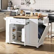 Kitchen Island With Wheels, Extendable Dining Area, Kitchen Island With Multifunctional Drawers And Waste Bin Compartment, Mobile Kitchen Island Ideal For Kitchen And Dining Room (Black) - White - View 2
