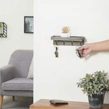 10 Inch Floating Wall Shelf With Hooks, Whitewashed Wood Entryway Storage Shelf With 4 Metal Key Hooks - 1 Pack - View 5