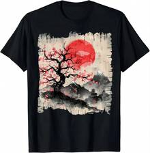 Camiseta de bloque de madera de flor de cerezo vintage, arte gráfico japonés, camiseta de estilo japonés de los años 2000, ropa Y2k, camisetas para mujeres - Negro - Ver 1