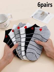 3/6 Pack Women's Low-Cut Socks - Monochrome Stripes With Hearts At Cuff Lightweight & Breathable Comfort For Spring Summer Casual Everyday Wear