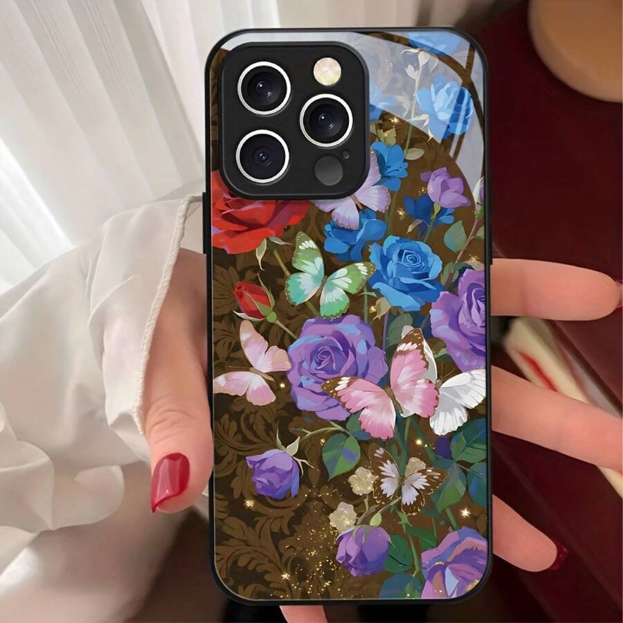 Funda de Teléfono de Vidrio Templado con Marco Negro de Lujo de Arte de Rosa y Mariposa Colorida para iPhone 17 Air 16 15 Pro Max 14 Plus 13 12 11 ProMax, Cubierta Protectora de Moda para Parejas - 3V4075 - Colores mixtos - Ver 1