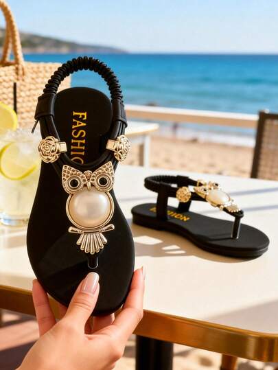 1 Pair Black Cat Owl Pearl Rose Decor Girls Sandals, Faux Leather Thong Slippers, Non-Slip Flat Strap + Ankle Strap, Fashionable & Cute, Summer Beach Holiday Trending, High Praise, Versatile Stylish Soft Bottom, No Foot Rub, Ideal Children Sandals Gift