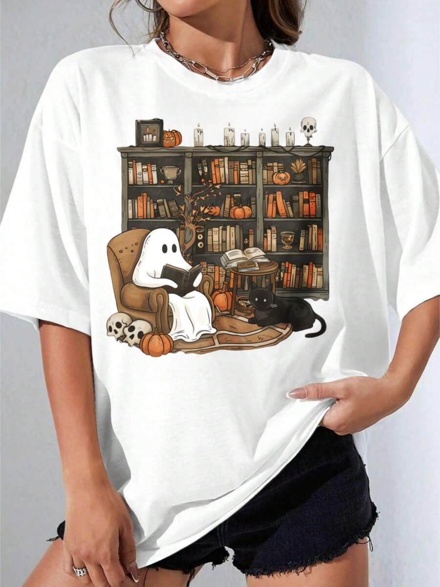 Ladies' Round Neck Printed T-Shirt, Ghost Reading Book With Cat And Pumpkins Festival Party Outfits - Black - View 1