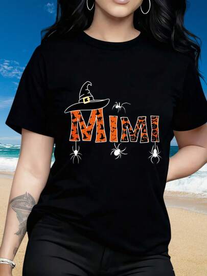 Women's Round Neck Short Sleeve T-ShirtHalloween Mimi Witch Hat Spider Print T Shirt For Women Black Spooky Costume Top Autumn Festival GiftFun Prints Are Suitable For Valentine's DayChristmas Partysports Activitiesholiday Partiesoutingssports And Other Holiday Gifts (220g).