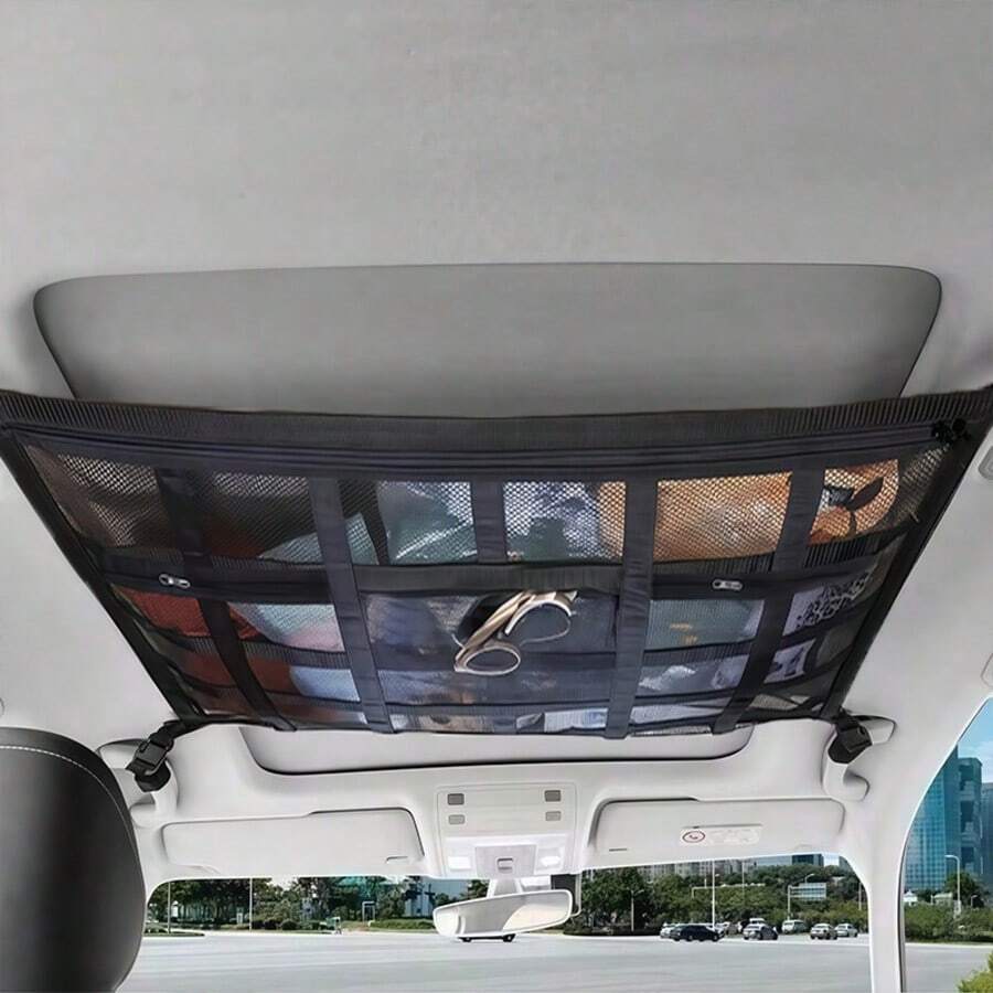 1个黑色汽车车顶储物网，实用配件，可充分利用车顶空间进行储物，适用于存放帐篷、睡袋、枕头、毯子等物品，固定在车顶上，不占用车厢或后备箱空间，让露营旅行更加便捷轻松。 - 1pc汽車頂收納網 - 查看 1