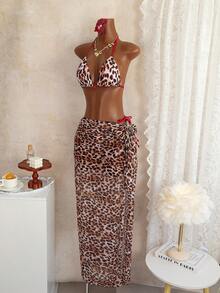 女士时尚，春夏优雅沙滩休闲度假风，豹纹露背系带比基尼套装，含裹身式薄纱半裙三件套 - 彩色 - 查看 4