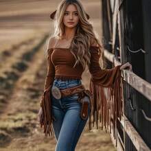 Women's Western Cowgirl Off-Shoulder Fringe Top, Sexy Slim Fitted Long Sleeve Tassel Blouse - màu xanh lá - Xem 1