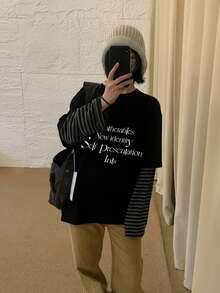 女士黑色 Y2K Grunge 宽松印花字母标语短袖T恤 街头风原宿独立美学休闲宽松上衣 夏季 - 黑色 - 查看 2