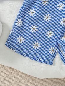 春夏女婴可爱格子蝴蝶结雏菊印花吊带背心搭配高腰宽松雏菊印花长裤，打造度假乡村风穿搭 - 藍色 - 查看 3