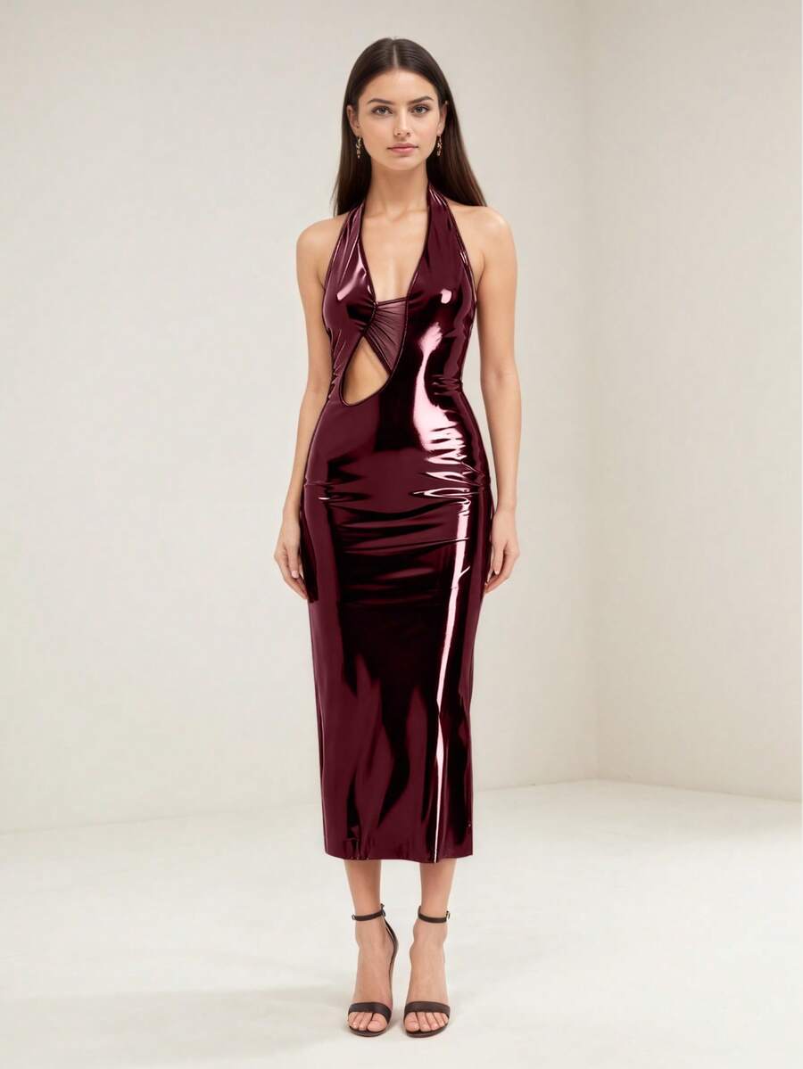 UNITHORSE Solid Color Backless Tie-Knot Faux Leather Dress With Zipper