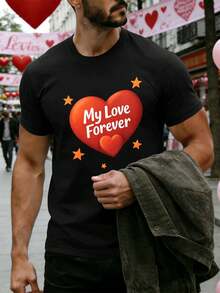 T-shirt graphique cœur pour la Saint-Valentin, automne, style streetwear hip-hop, respirant, imprimé graphique unique - Noir - Voir 1