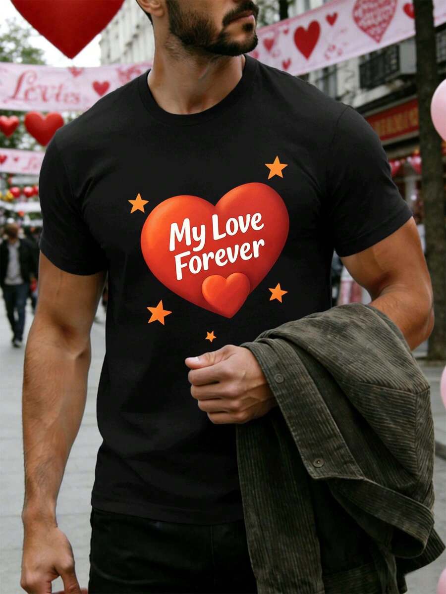 T-shirt graphique cœur pour la Saint-Valentin, automne, style streetwear hip-hop, respirant, imprimé graphique unique - Noir - Voir 1