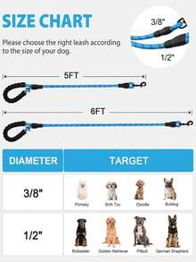 Reflective Dog Leash, Heavy Duty Nylon Rope, With Poop Bag Dispenser, High Visibility Reflective Strap, Suitable For Medium To Large Dogs, 5' X 1/2' And 6' X 1/2/ - Blue - View 2