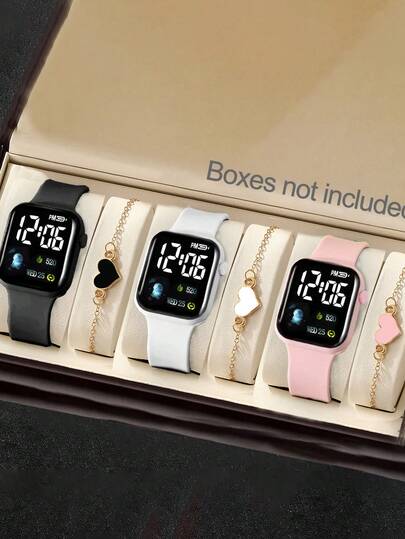6pcs/Set Fashionable & Cute Kids' Digital Watch With Heart-Shaped Bracelet, Silicone Strap, Plastic Square Case, Numeric Display, Suitable For Daily Wear, Great Gift For Friends, One Size, No Box