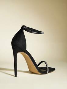 Women's Square Toe Rhinestone Embellished Ankle Strap High Heel Sandals, Sexy & Fashionable For Party Wear - Black - View 4