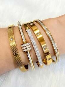 2026新款不锈钢镀K金条纹花卉亮面图案首饰套装：风格优雅，细节吸睛，适合日常佩戴。完美融合品质与时尚。 - 金色 - 查看 3