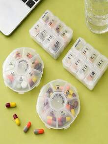 7天药盒收纳盒 - 圆形药盒，带每日/每周用药提醒，适合旅行、存放维生素、补充剂、鱼油等药品 - 透明白 - 查看 6