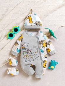 3pcs Baby Boy Dinosaur Print Colorblock Romper + Hat + Mittens Cute Set - Light Grey - View 1