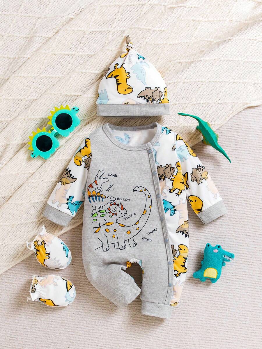 3pcs Baby Boy Dinosaur Print Colorblock Romper + Hat + Mittens Cute Set - Light Grey - View 1
