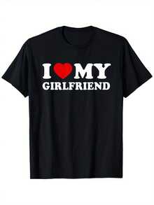 I Love My Girlfriend" Men's T-Shirt - Valentine's Day Gift, 100% Cotton, Casual Round Neck Short Sleeve Tee, Black With White Text & Red Heart Design, S-XXXL, Valentine's Day T-Shirts - 白色 - 查看 1