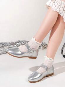 Simple Shiny Elegant Thin Bow Tie Girls' Silver Comfortable Dance Shoes, Suitable For Daily, School, Party, Wedding, Outdoor Gathering, Children's Casual Slip-On Round Toe Patent Leather Flat Shoes - Silver - View 8