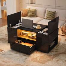 Coffee Table (100 X 50 X 40 Cm), Side Table With One Drawer, Sofa Table With Two Cabinets, High-Gloss Living Room Table With LED Light Strips, Coffee Table With 6 Storage Compartments, Black - Black - View 5