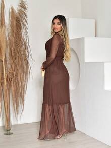 Women's Long Tulle Dress With Long Sleeves For Wedding Party - 鏽棕色 - 查看 3