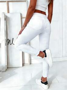 Calças femininas jeans estrelas calças femininas calças femininas cordão cinza elástico camuflagem namorado calças soltas com pingente calças casuais mais recentes Casual casual elástico jeans bolso jeans outono primavera - Branco - Ver 6