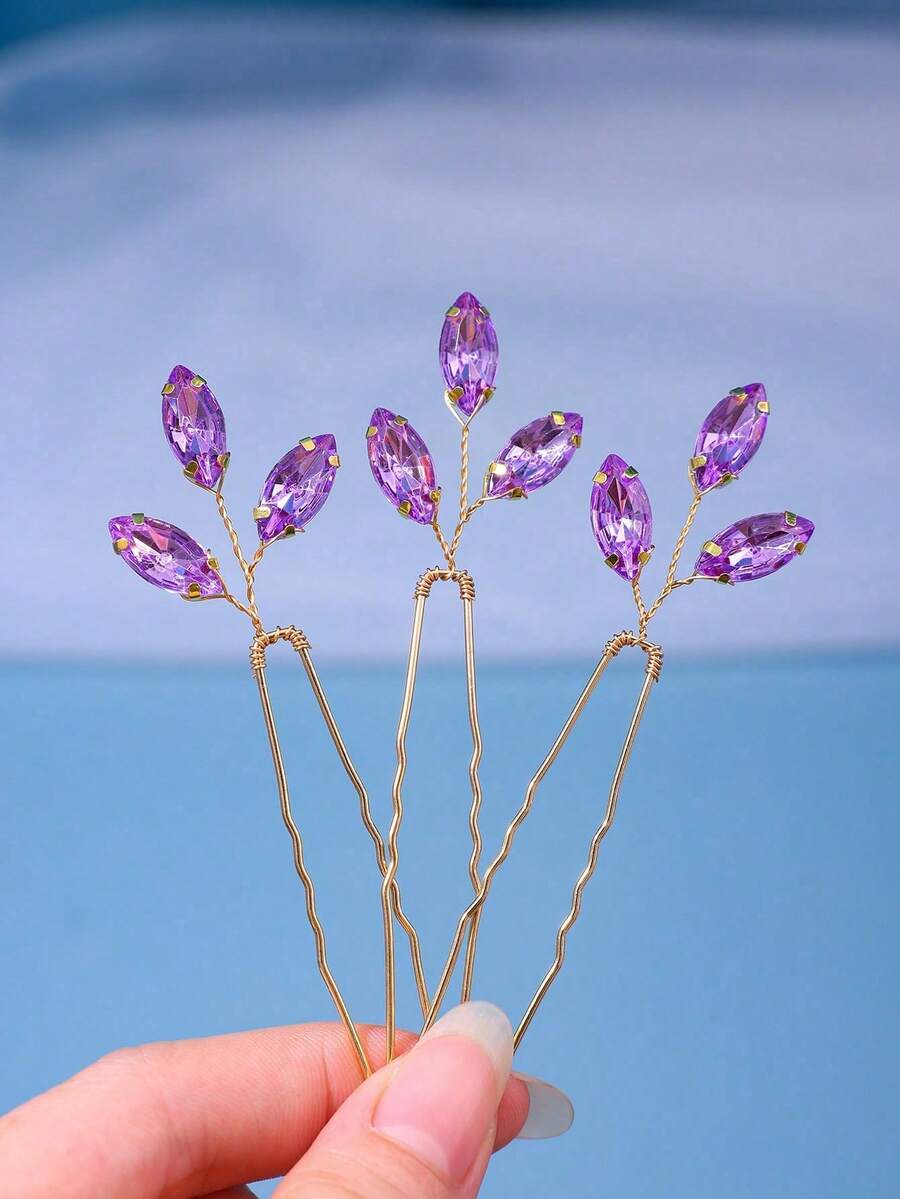 3pcs Elegant Glass Hair Clips, Simple & Shiny Crystal Hair Accessories For Brides,Wedding Hair Accessories,Summer,Beach - Purple - View 1
