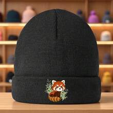 Red Bear In Nature Sewing Knitted Hat - Breathable, Non-Pilling, Soft And Elastic, Elegant Red Bear And Green Leaf Print, Unisex Winter Hat - Navy Blue - View 1