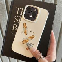 1pc TPU Material Soft Painted Baguette & Cute Food Pattern Phone Case Compatible With IPhone 17 Pro Max/17/16 Pro Max/15/13/12/11, S20 FE/A15/S24/A55, Redmi Note 11/12/13 Pro, Full-Body Shockproof Soft Protective Cover - White - View 2