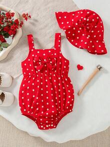夏季女婴可爱红色波点蝴蝶结连体衣和蝴蝶结遮阳帽 - 紅色 - 查看 1