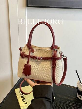 BELLEBORG Bolso de mano cuadrado pequeño de mujer versátil, elegante y casual, de lona y cuero con hebilla, en color contrastante y estilo vintage