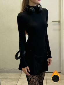 优雅休闲修身保暖高领长袖针织连衣裙，冬季连衣裙 - 黑色 - 查看 4