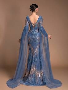 Luxury Pearl Embroidered Sequin Patchwork Square Neck Evening Gown - Mermaid Style Formal Long Dress With Long Shawl Sleeves And Train, Elegant For Formal Ball, Wedding Guest, Celebration Party #Sparkling Charm# Evening Glamour Spring - Dusty Blue - View 7
