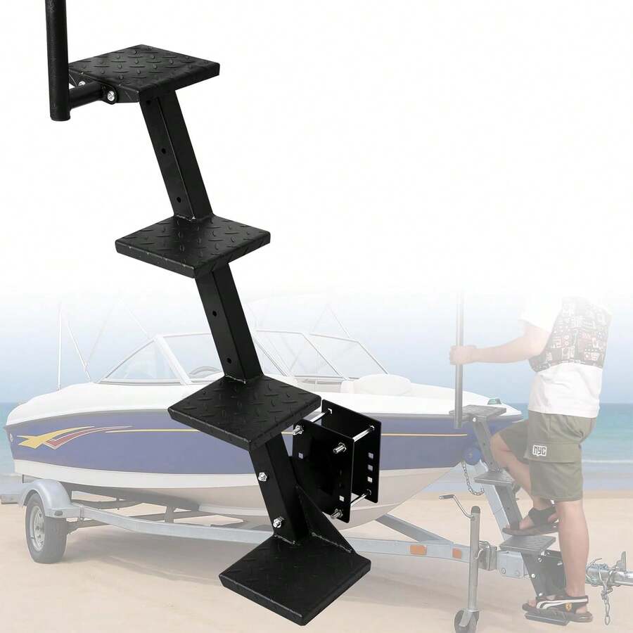 Sancunhui Boat Trailer Steps With Handle 3 Steps Heavy Duty Side Mount Boat Boarding Ladder With Anti-Slip Surface, 400lbs Capacity, Universal Fits Boat Trailer Tongue Steps With Pole - 4 個步驟 - 查看 1