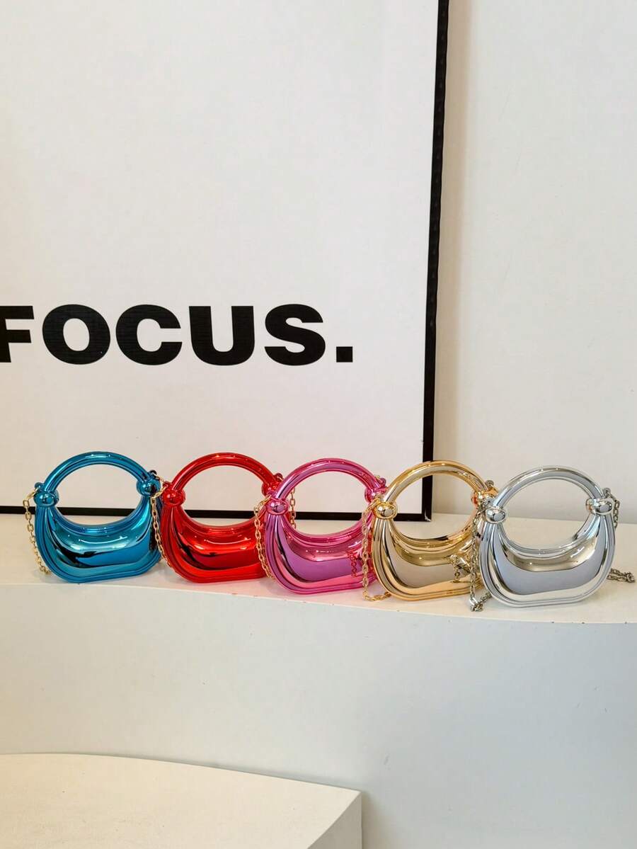 1pc Metallic Mini Crescent Handbag, Shiny Top Handle Chain Crossbody Bag, Lipstick Pouch, Wallet, Party Bag, Suitable For Girls/Students/Girl, Daily Use/Gift/Holiday/Party/Event - Multicolor - View 1