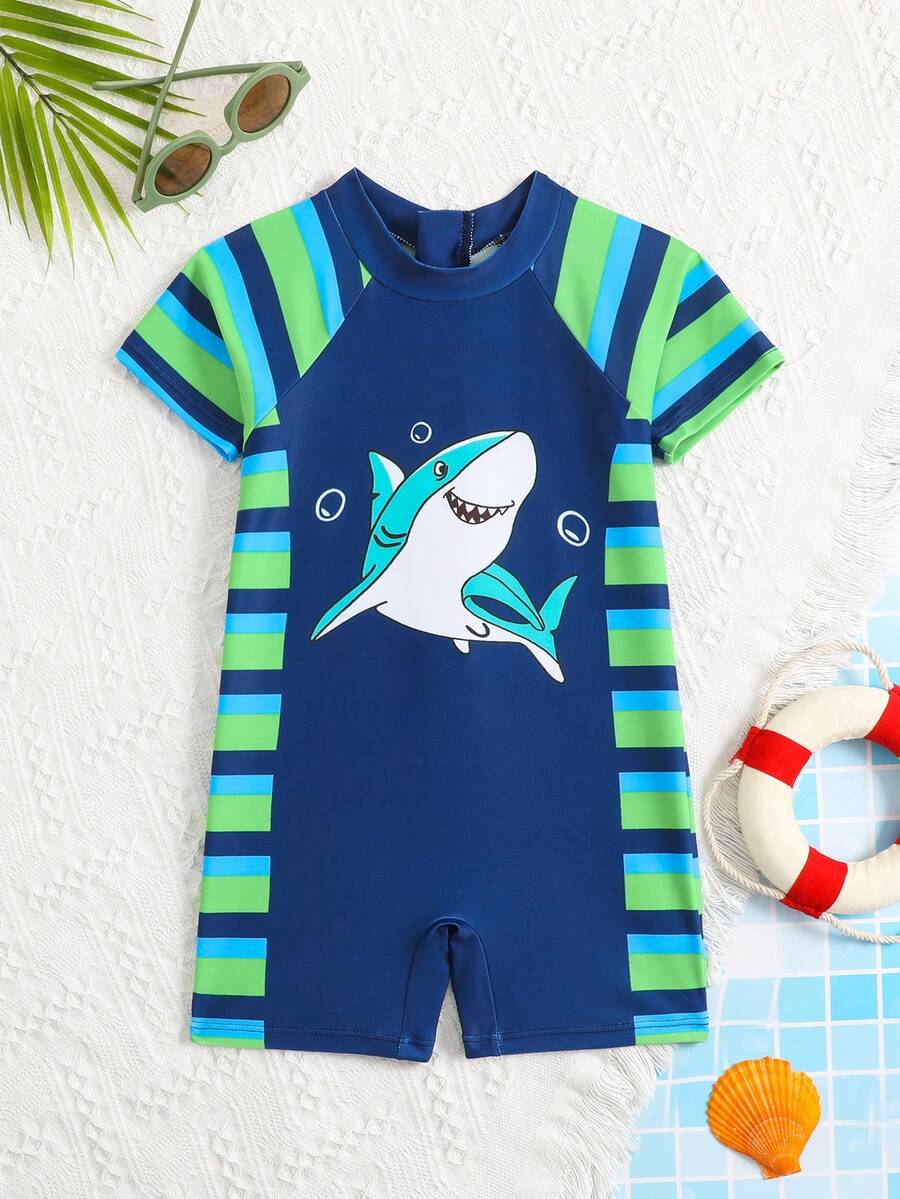 Young Boy Cartoon Shark Print Striped Raglan Short Sleeve Romper Shorts Swimsuit - Green - View 1