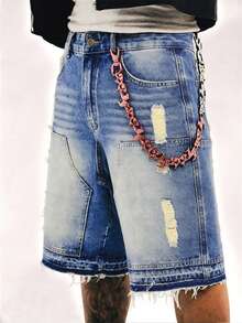 SYD205 Distressed American Streetwear Denim Capri Shorts, Faded Dark Blue Relaxed Straight Leg 5-Inch Inseam, Ripped & Frayed Hem, Y2K Summer Streetwear - Blue - View 1