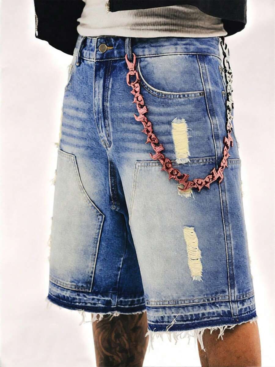 SYD205 Distressed American Streetwear Denim Capri Shorts, Faded Dark Blue Relaxed Straight Leg 5-Inch Inseam, Ripped & Frayed Hem, Y2K Summer Streetwear - Blue - View 1