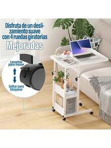 Mesa Multifuncional Ajustable en Altura con Ruedas y 3 Estantes - Laptop/Reunión/Jardín - Blanco - Ver 6