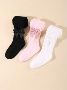 3条/包 随机颜色 新生女婴连裤袜，带缎带蝴蝶结，婴儿无缝纯色针织打底裤，连裤袜，适合校服和日常穿着 - 彩色 - 查看 2