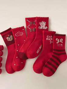 5 Pairs Random Styles Kids Socks With Bow & Bear Patterns, For Girls, Spring/Autumn/Winter, Red Socks, New Year Socks, Fits Ages 2-16 - 彩色 - 查看 2