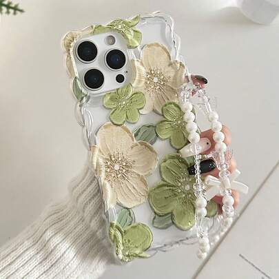 Ốp lưng TPU họa tiết hoa lá giả ngọc trai độc đáo, viền sóng bện tinh tế, kèm phụ kiện vòng tay hạt cườm thủ công, tương thích với iPhone 17Pro/17Air/17/17ProMax 16/11/16Pro/16Plus/16ProMax/16E/15ProMax/13/14/12/XS/XR/7G/8PXR/7/8, 15ProMax, 13, 14. Quà tặng mùa xuân, lễ Phục sinh, quà sinh nhật cho mẹ.