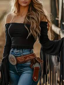 Women's Western Cowgirl Off-Shoulder Fringe Top, Sexy Slim Fitted Long Sleeve Tassel Blouse - màu xanh lá - Xem 3