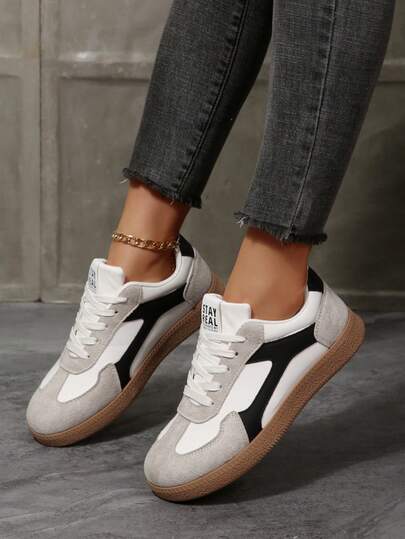 Girl's Casual Lace-Up Sneakers, Lightweight And Fashionable Color Block Design, Non-Slip And Comfortable, Flat Everyday Walking Shoes, Suitable For Fitness Training, Campus And Vacation