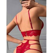 两件套女士蕾丝性感内衣套装，无钢圈文胸和内裤，浪漫红色性感内衣，情人节必备 - 紅色 - 查看 2
