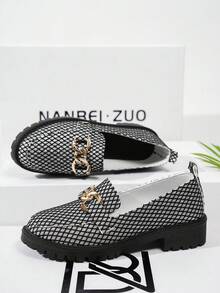 Fashionable Korean Style Metal Chain Decor Women's Black Round Toe Loafers, Personalized Hollow Sequin Design Luxurious Party Vibe Chunky Heel Shoes, Versatile For Commuting, Work, Casual Wear, Great Gift For Teacher's Day/Mother's Day - Black - View 3